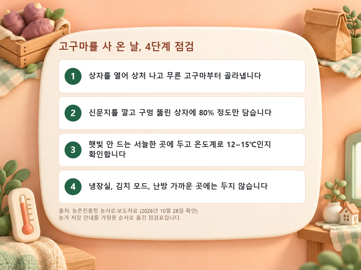상처 난 고구마 골라내기, 신문지 깐 구멍 뚫린 상자에 담기, 서늘한 곳에서 12~15도 확인하기, 냉장실과 난방 가까운 곳 피하기의 네 단계 점검표