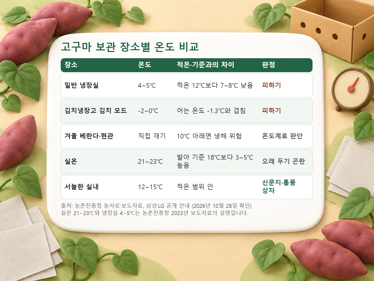 일반 냉장실, 김치냉장고 김치 모드, 겨울 베란다와 현관, 실온, 서늘한 실내의 온도와 고구마 보관 적합 여부를 비교한 표
