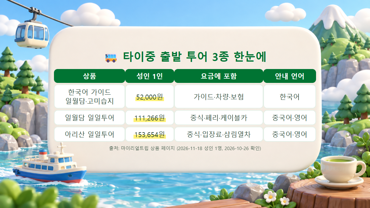일월담 투어 세 가지의 가격과 포함 내용, 안내 언어를 비교한 표 이미지