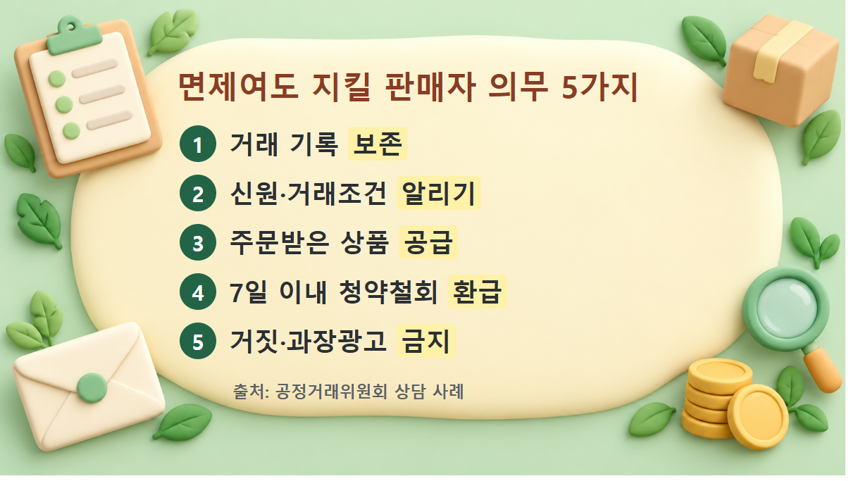 신고 면제 판매자 의무 5가지 신고 면제 사업자도 지킬 판매자 의무 5가지 도식: 거래 기록 보존, 신원·거래조건 알리기, 상품 공급, 7일 이내 청약철회 환급, 거짓·과장광고 금지