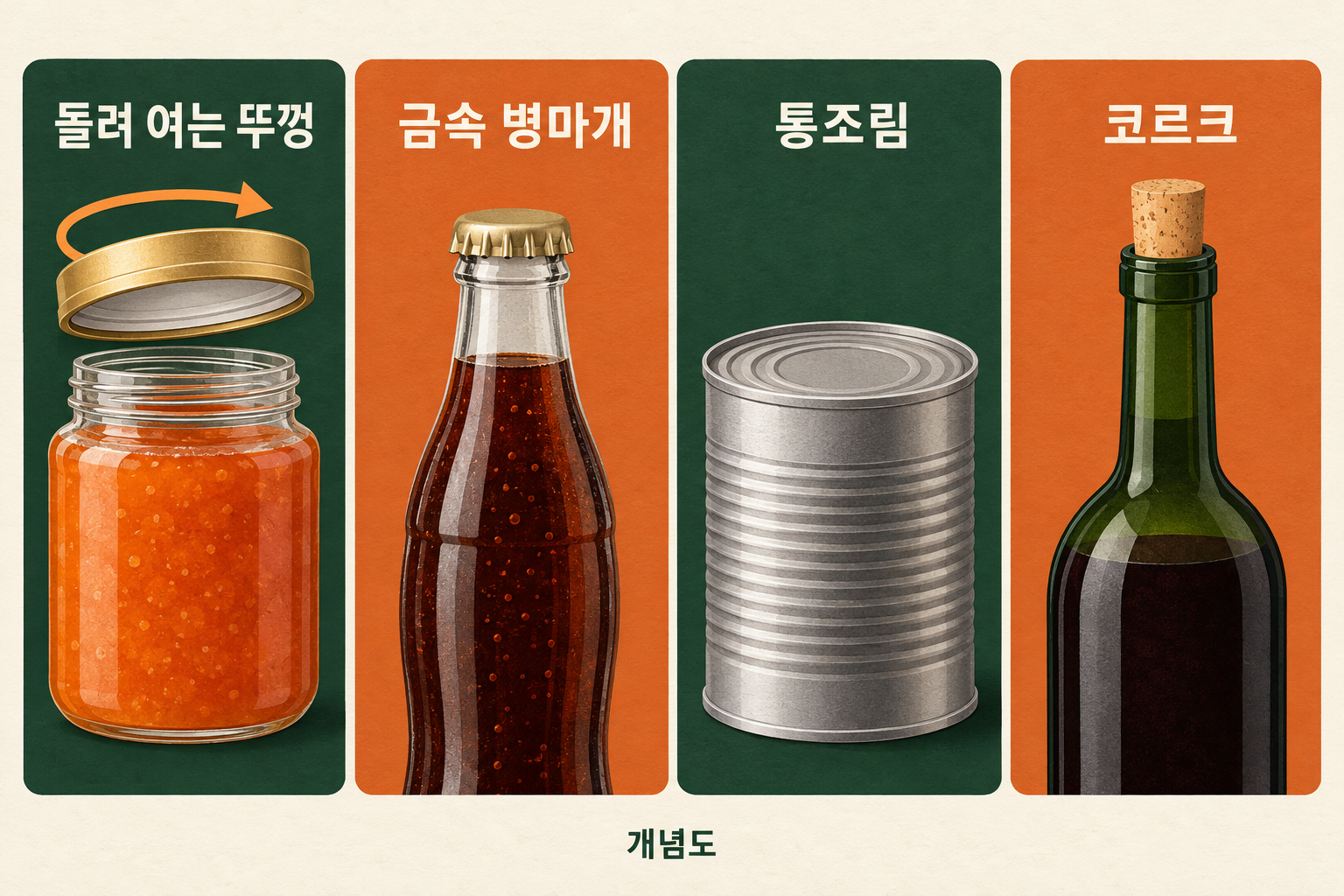 돌려 여는 뚜껑과 금속 병마개, 통조림, 코르크의 차이를 비교한 개념도