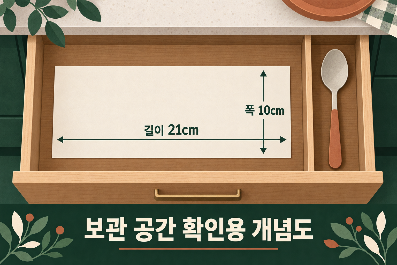 21cm 길이와 10cm 폭으로 서랍 보관 공간을 가늠하는 개념도