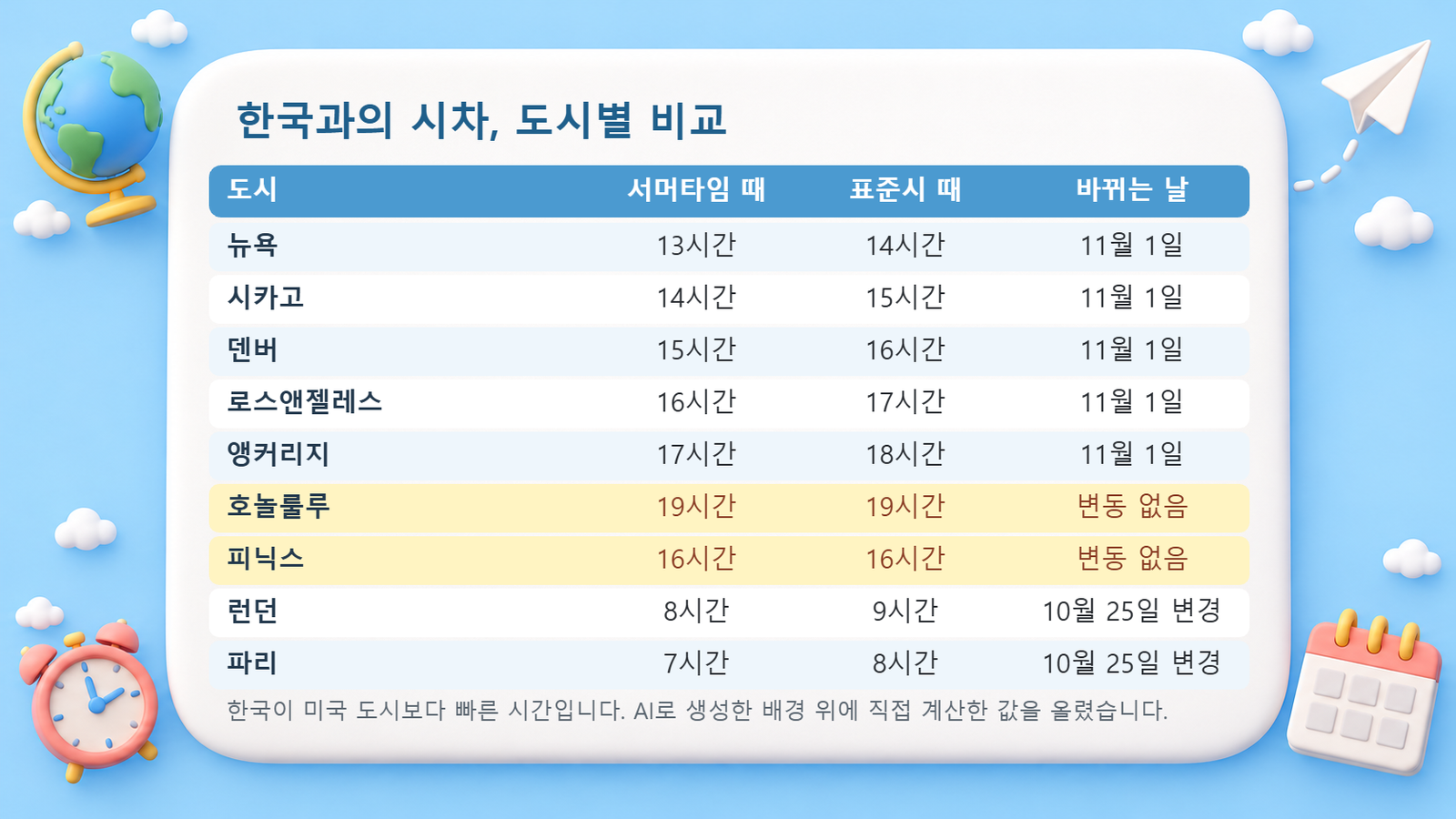 한국과 뉴욕·시카고·덴버·로스앤젤레스·앵커리지·호놀룰루·피닉스·런던·파리의 서머타임 때와 표준시 때 시차를 비교한 표