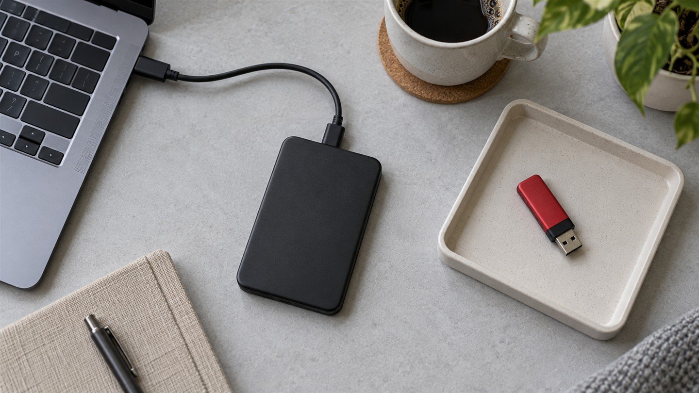 연결된 외장 저장장치와 별도로 놓인 빨간 USB 메모리 연결된 외장 저장장치와 별도로 놓인 빨간 USB 메모리