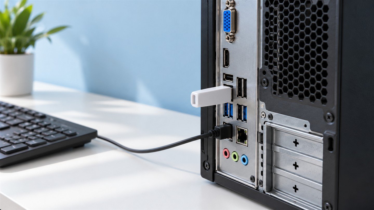 데스크톱 뒤쪽 USB 포트에 연결된 흰색 메모리 데스크톱 뒤쪽 USB 포트에 연결된 흰색 메모리