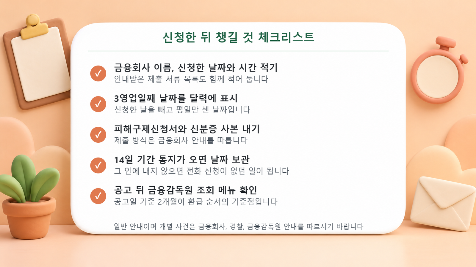 금융회사 이름과 신청 시각 적기, 3영업일째 날짜 표시, 서류 제출, 14일 기간 통지 보관, 공고 뒤 금융감독원 조회 확인을 담은 보이스피싱 지급정지 신청 후 체크리스트 도식