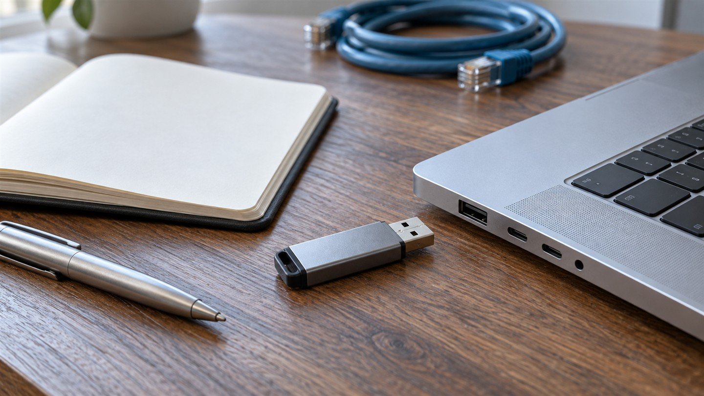 네트워크 복구 준비를 위한 USB 메모리와 노트북, 빈 공책