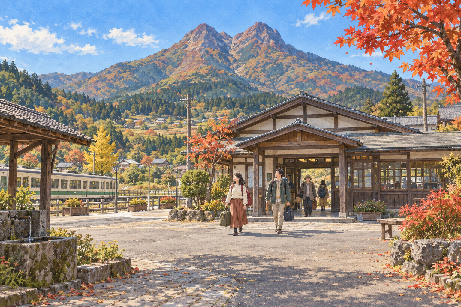 쌍봉 산을 배경으로 시골 역 광장을 걸어 나오는 여행자들의 일러스트